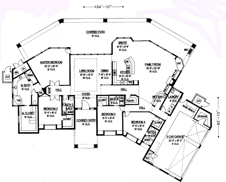 Santa Fe, Southwest House Plan 54701 with 4 Beds, 4 Baths, 3 Car Garage Level One