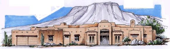 Santa Fe, Southwest House Plan 54715 with 3 Beds, 4 Baths, 4 Car Garage Elevation