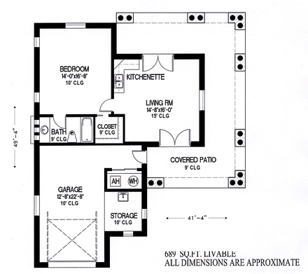 Mediterranean House Plan 54721 with 1 Beds, 1 Baths, 1 Car Garage First Level Plan