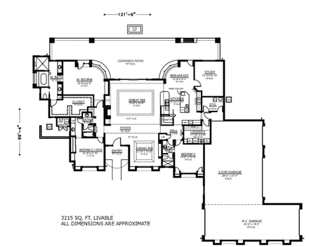 House Plan 54732 with 3 Beds, 3 Baths, 3 Car Garage First Level Plan
