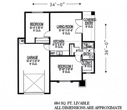House Plan 54745 with 1 Beds, 1 Baths, 1 Car Garage First Level Plan