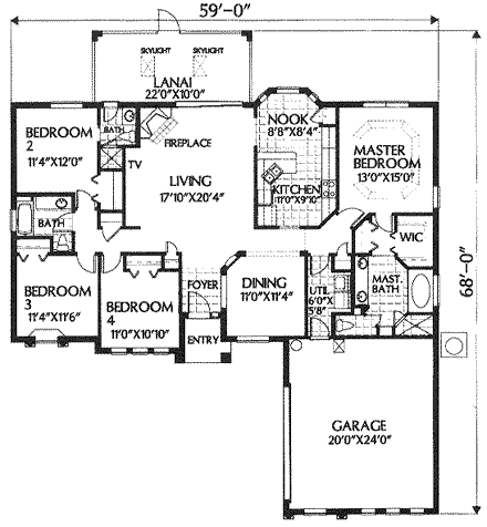Florida, Mediterranean House Plan 54801 with 4 Beds, 3 Baths, 2 Car Garage First Level Plan