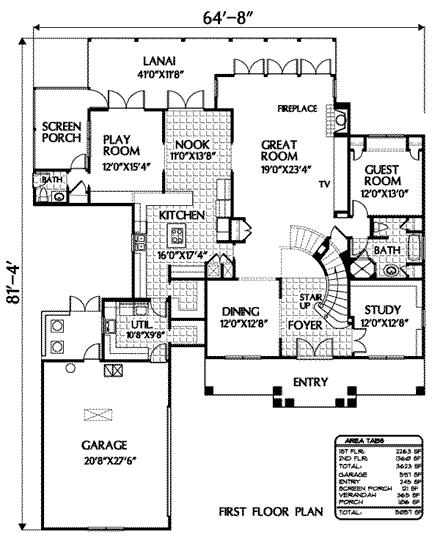 Colonial, Mediterranean House Plan 54817 with 5 Beds, 4.5 Baths, 2 Car Garage First Level Plan