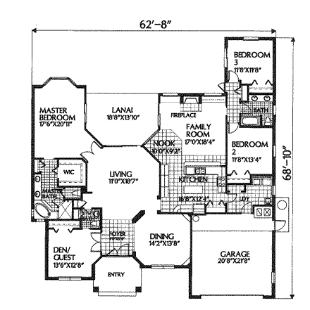 Florida, Mediterranean House Plan 54818 with 3 Beds, 2.5 Baths, 2 Car Garage First Level Plan