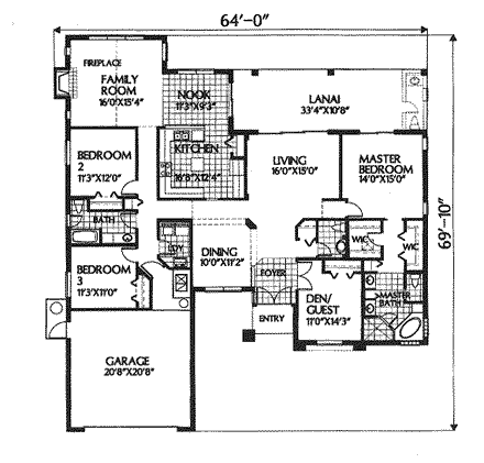 Florida, Mediterranean House Plan 54819 with 3 Beds, 2.5 Baths, 2 Car Garage First Level Plan