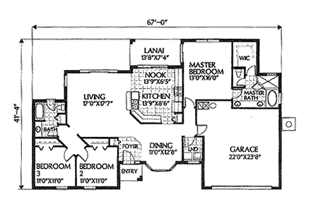 Florida House Plan 54830 with 3 Beds, 2 Baths, 2 Car Garage First Level Plan