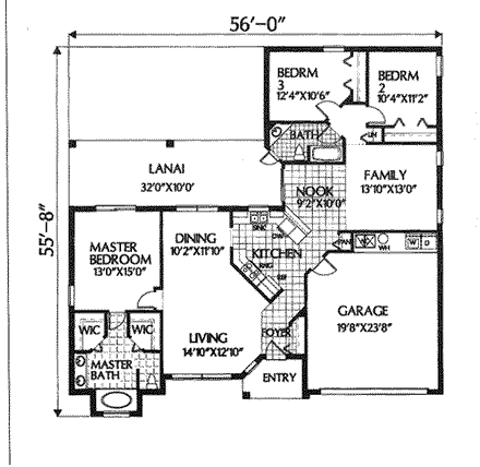 Florida, Mediterranean House Plan 54837 with 3 Beds, 2 Baths, 2 Car Garage First Level Plan