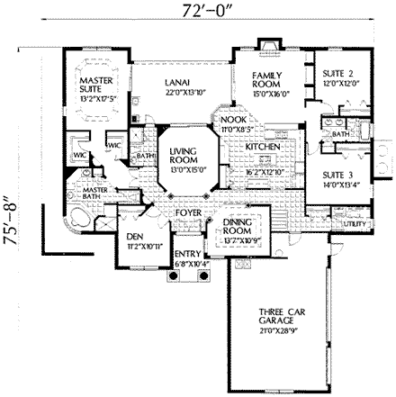 Florida House Plan 54847 with 3 Beds, 3 Baths, 3 Car Garage First Level Plan