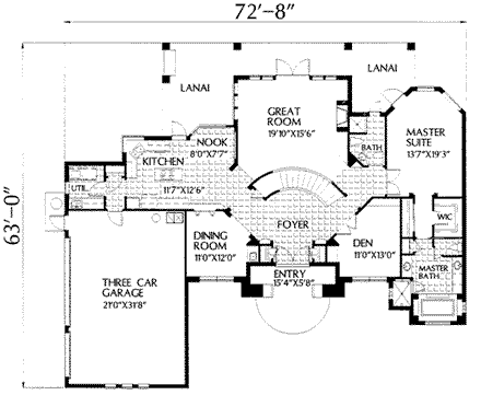 Florida, Mediterranean House Plan 54849 with 3 Beds, 4 Baths, 3 Car Garage First Level Plan