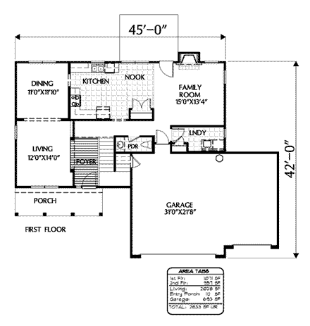 Colonial House Plan 54876 with 3 Beds, 2.5 Baths, 3 Car Garage First Level Plan