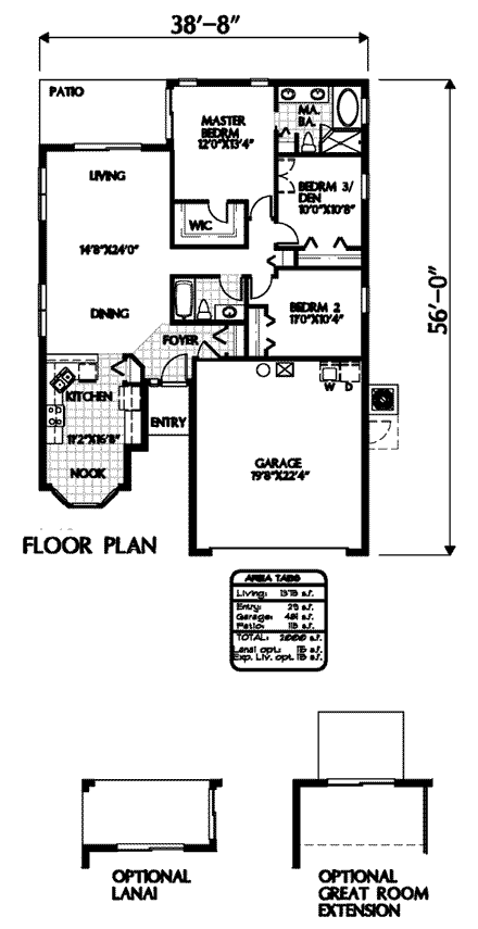 Florida House Plan 54892 with 3 Beds, 2 Baths, 2 Car Garage First Level Plan