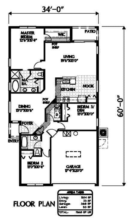 Florida House Plan 54893 with 3 Beds, 2 Baths, 2 Car Garage First Level Plan