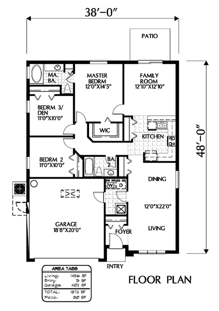 Florida House Plan 54895 with 3 Beds, 2 Baths, 2 Car Garage First Level Plan