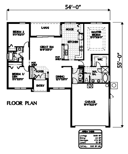 Florida House Plan 54896 with 3 Beds, 2 Baths, 2 Car Garage First Level Plan