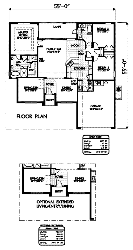 Florida House Plan 54898 with 3 Beds, 2 Baths, 2 Car Garage First Level Plan