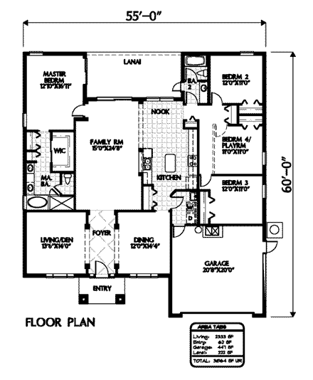 Florida House Plan 54899 with 4 Beds, 2 Baths, 2 Car Garage First Level Plan