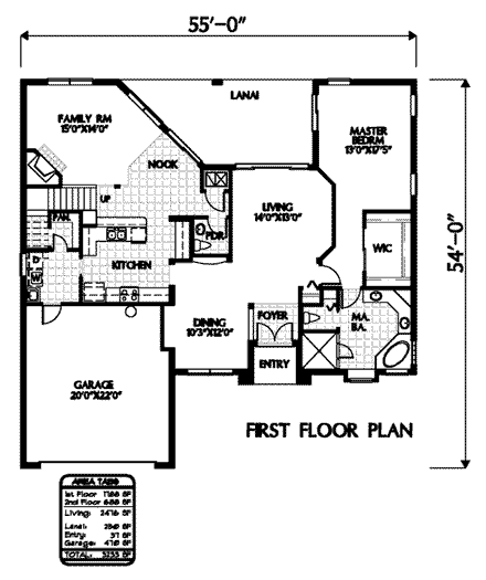 Florida House Plan 54905 with 4 Beds, 2.5 Baths, 2 Car Garage First Level Plan