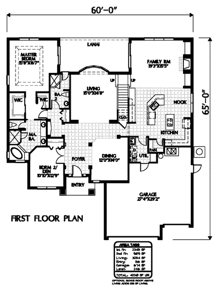 Mediterranean House Plan 54908 with 4 Beds, 3 Baths, 3 Car Garage First Level Plan