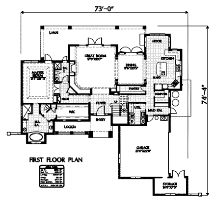 Mediterranean House Plan 54909 with 3 Beds, 3 Baths, 2 Car Garage First Level Plan