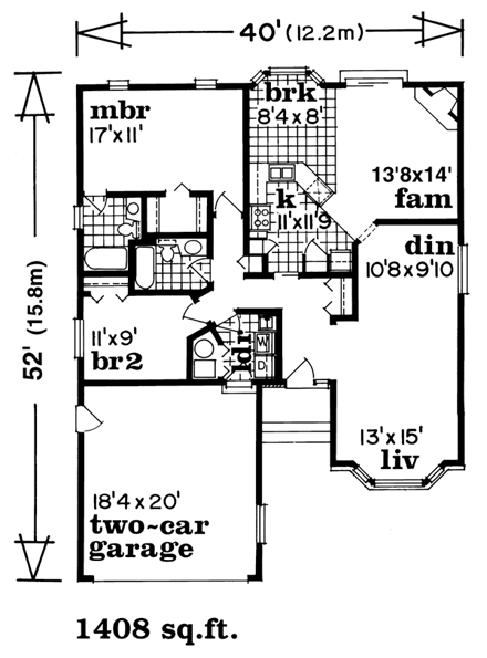 Narrow Lot, One-Story, Ranch House Plan 55066 with 2 Beds, 2 Baths, 2 Car Garage First Level Plan