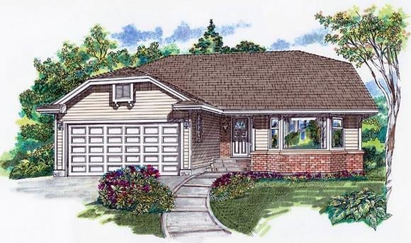 Narrow Lot, One-Story, Ranch House Plan 55066 with 2 Beds, 2 Baths, 2 Car Garage Elevation