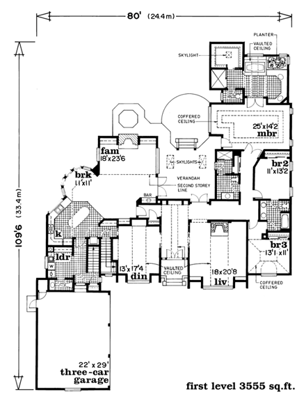 Contemporary, One-Story House Plan 55101 with 3 Beds, 4 Baths, 3 Car Garage First Level Plan