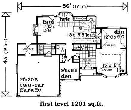 European House Plan 55103 with 3 Beds, 3 Baths, 2 Car Garage First Level Plan