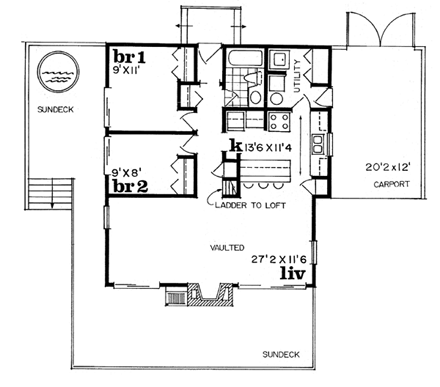 Contemporary, Narrow Lot, One-Story House Plan 55126 with 2 Beds, 1 Baths First Level Plan