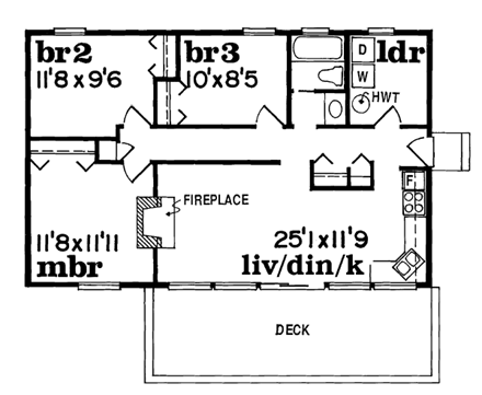 Narrow Lot, One-Story, Ranch House Plan 55134 with 3 Beds, 1 Baths First Level Plan