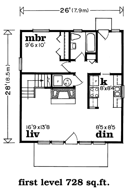 Narrow Lot House Plan 55173 with 3 Beds, 1 Baths First Level Plan