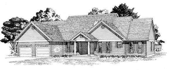 One-Story, Ranch House Plan 55292 with 3 Beds, 3 Baths, 2 Car Garage Elevation