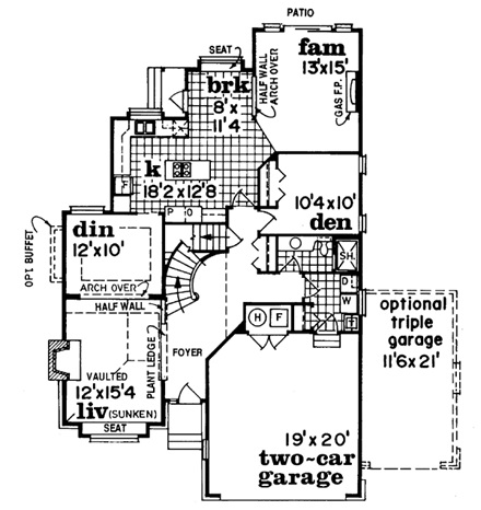 European, Narrow Lot House Plan 55302 with 3 Beds, 3 Baths, 2 Car Garage First Level Plan