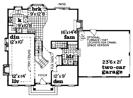 Colonial House Plan 55309 with 3 Beds, 3 Baths, 2 Car Garage First Level Plan
