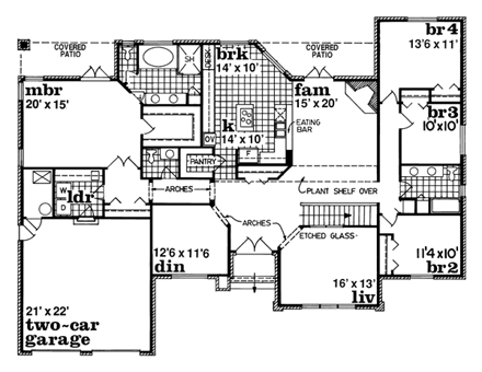 One-Story, Traditional House Plan 55318 with 4 Beds, 3 Baths, 2 Car Garage First Level Plan