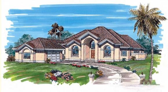 Mediterranean, One-Story House Plan 55327 with 3 Beds, 4 Baths, 2 Car Garage Elevation