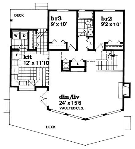 Contemporary, Narrow Lot House Plan 55342 with 3 Beds, 2 Baths First Level Plan