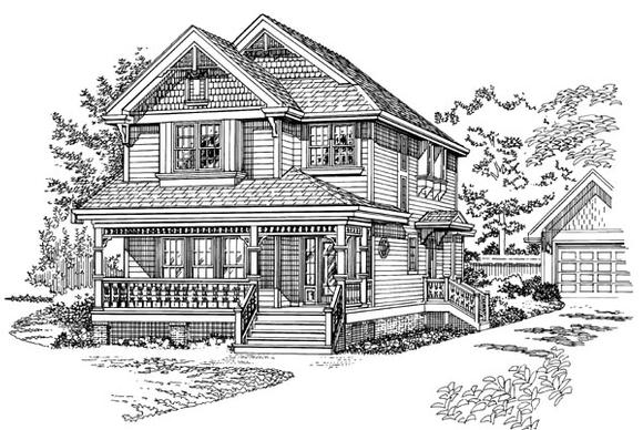 Narrow Lot, Victorian House Plan 55367 with 4 Beds, 3 Baths, 2 Car Garage Elevation