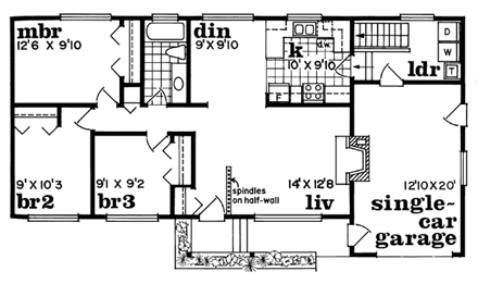 One-Story, Ranch House Plan 55383 with 3 Beds, 1 Baths First Level Plan