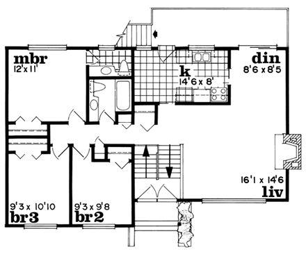One-Story, Traditional House Plan 55412 with 3 Beds, 1 Baths, 2 Car Garage First Level Plan