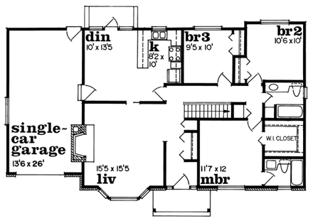 One-Story, Ranch House Plan 55423 with 3 Beds, 2 Baths, 1 Car Garage First Level Plan