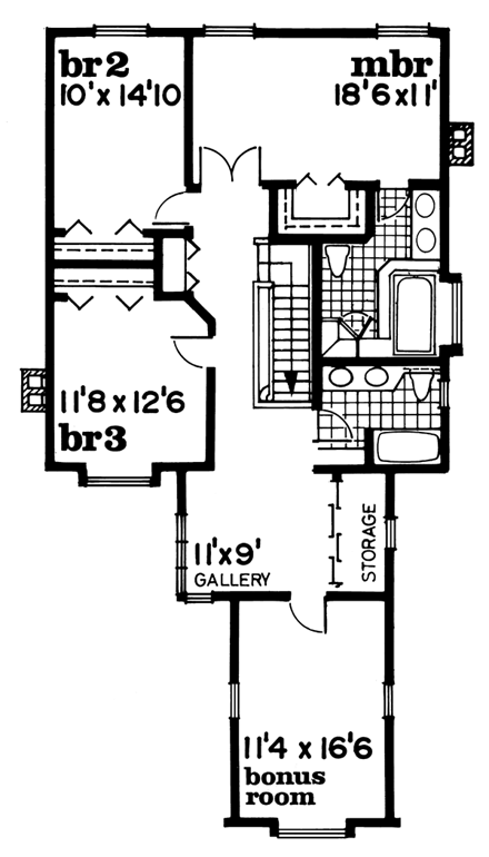 Narrow Lot, Tudor House Plan 55446 with 3 Beds, 3 Baths, 2 Car Garage Second Level Plan