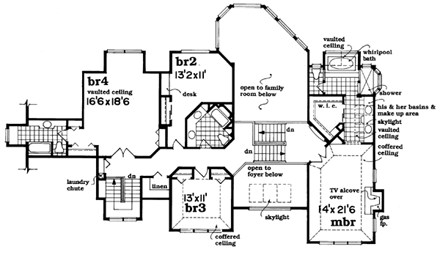 European House Plan 55481 with 4 Beds, 5 Baths, 3 Car Garage Second Level Plan