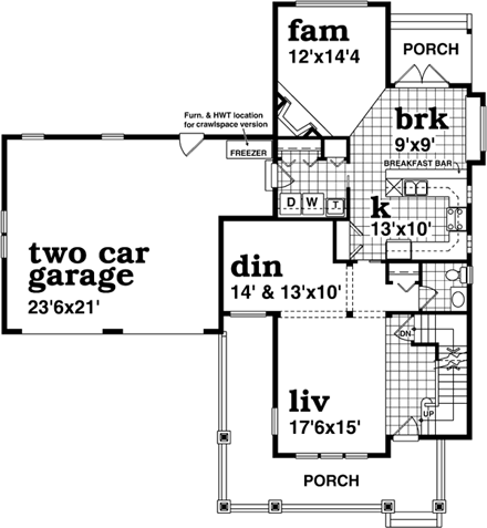 Farmhouse House Plan 55488 with 3 Beds, 2 Baths, 2 Car Garage First Level Plan