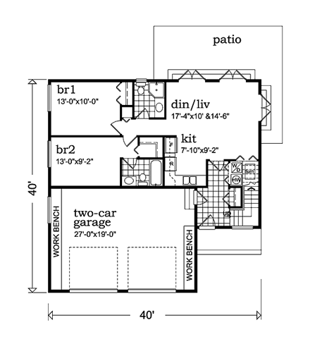 Tudor House Plan 55555 with 2 Beds, 2 Baths, 2 Car Garage First Level Plan