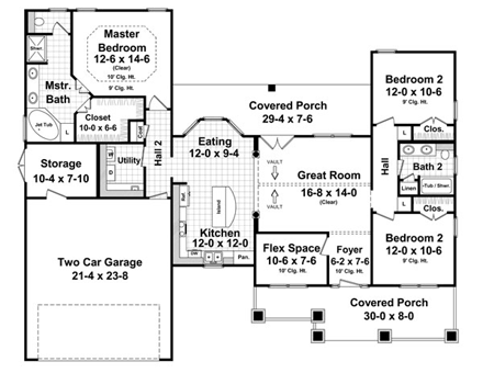 Cottage, Country, Craftsman, Southern House Plan 55600 with 3 Beds, 2 Baths, 2 Car Garage First Level Plan