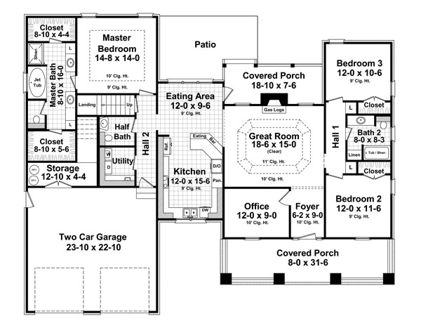 Cottage, Country, Craftsman, Southern House Plan 55601 with 3 Beds, 3 Baths, 2 Car Garage Level One