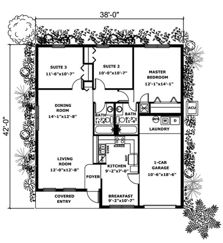 Narrow Lot, One-Story House Plan 55702 with 3 Beds, 2 Baths, 1 Car Garage First Level Plan