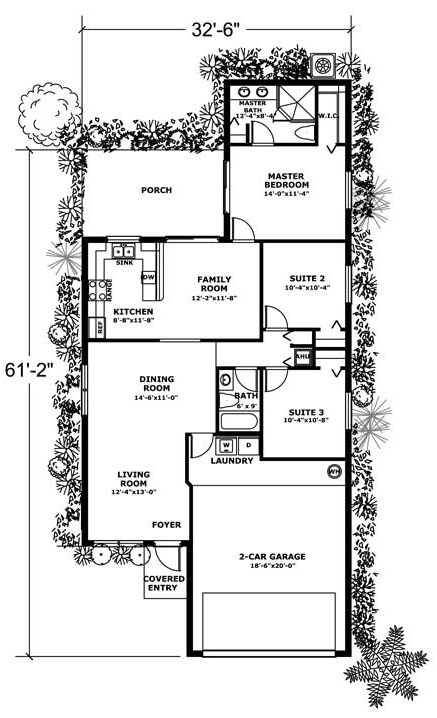Narrow Lot, One-Story House Plan 55704 with 3 Beds, 2 Baths, 2 Car Garage First Level Plan