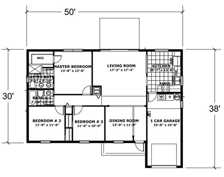 One-Story House Plan 55706 with 3 Beds, 2 Baths, 1 Car Garage First Level Plan