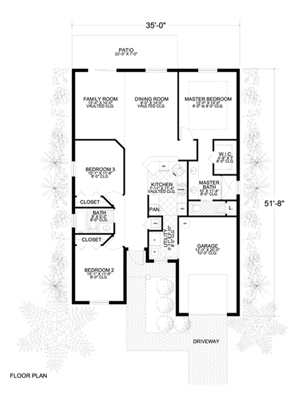 Florida, Narrow Lot, One-Story House Plan 55707 with 3 Beds, 2 Baths, 1 Car Garage First Level Plan